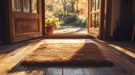 A soft, plush doormat on a wooden floor in a rustic home, with an open door leading outsideの素材