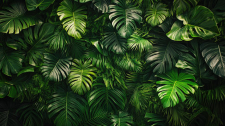 A tropical green leaf wall in a resort or spa, creating a relaxing and lush environment for guests to enjoyの素材