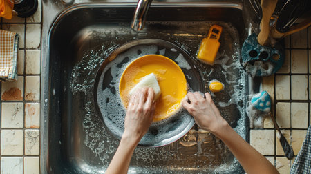 A top view of a woman scrubbing a dirty plate with a sponge in a sink, with bright dish soap bubbles and kitchen accessories nearbyの素材