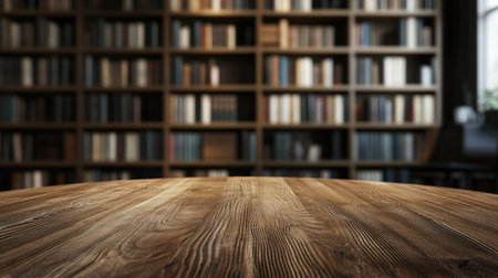 A textured wooden tabletop with natural patterns, with a sleek and modern library softly blurred in the background.の素材