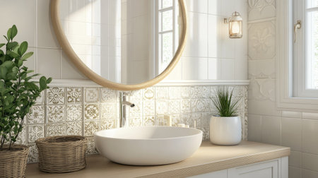 A stylish bathroom with a white sink, framed mirror, and decorative tiles creating an elegant and bright atmosphereの素材