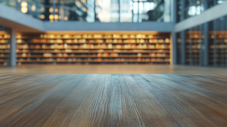 A textured wooden table surface with an out-of-focus library background, showcasing modern architecture and bookshelves.の素材