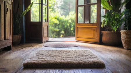 A soft, plush doormat on a wooden floor in a rustic home, with an open door leading outsideの素材
