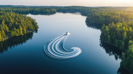 A stunning aerial shot of a speedboat leaving a swirling white trail in the middle of a vast, calm lake.の素材