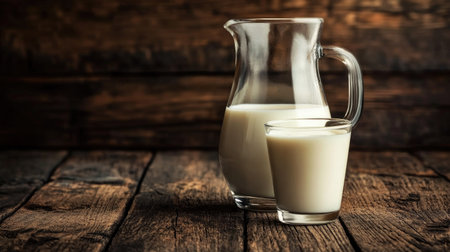A transparent glass jug and full glass of milk on a dark wooden surface with soft lighting.の素材