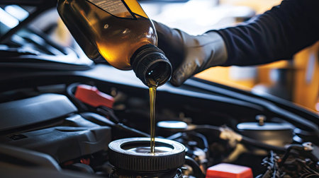 A top view of a mechanic pouring engine oil from a bottle into the engine of a car, with the hood raised and car tools aroundの素材