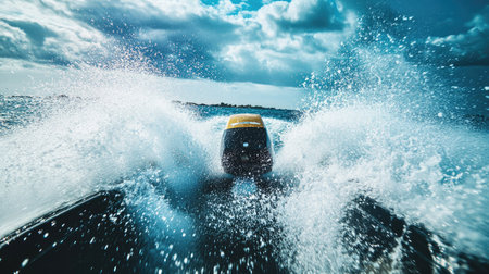 A thrilling perspective from the back of a speedboat, water spraying up as the boat cuts through the waves.の素材
