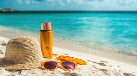 A sunny beach scene with sunscreen, a beach hat, and sunglasses arranged on the sand, with the crystal-clear ocean in the backgroundの素材