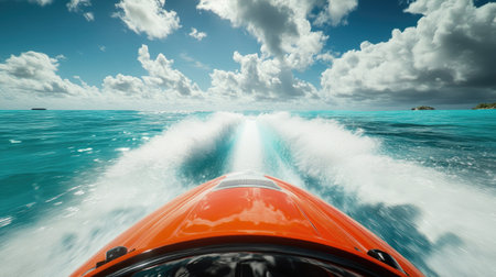 A thrilling rear view from a speedboat racing through turquoise waters, the foam churning in dramatic contrast.の素材