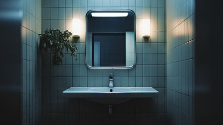 A well-lit bathroom with a stylish sink, large mirror, and minimalist decor, emphasizing clean lines and simplicityの素材