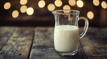 A transparent glass jug and full glass of milk on a dark wooden surface with soft lighting.の素材