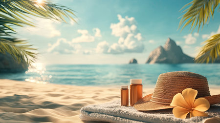 A sunny beach scene with sun protection items like sunscreen, a hat, and a beach towel neatly arranged for a relaxing day in the sunの素材
