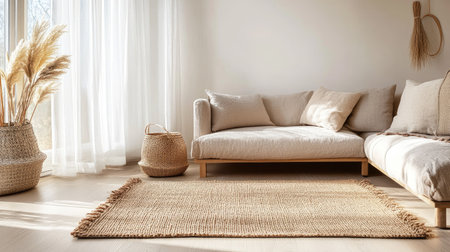 A textured doormat on the floor inside a Scandinavian-style room, matching the neutral decorの素材