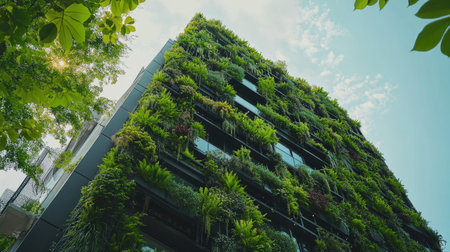A vertical garden with green leaves forming a unique wall feature in an urban apartment, adding greenery to the spaceの素材