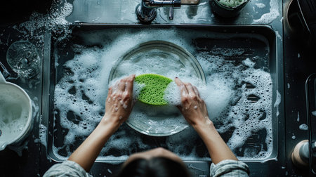 A top view of a woman scrubbing a plate with a green sponge, surrounded by soap suds and a kitchen sink full of waterの素材