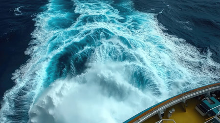 A view from the stern of a cruise ship, looking down at the powerful waves created by its movement.の素材