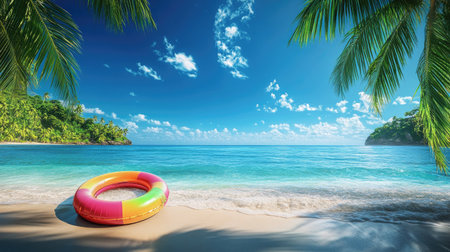 A tropical beach scene with a brightly colored inflatable ring sitting on the sand, framed by palm trees and the sparkling seaの素材