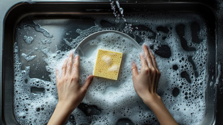 A top-down shot of a woman cleaning a ceramic plate with a sponge, with water droplets and soap suds in a kitchen sinkの素材