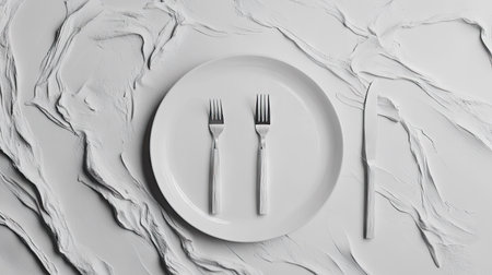 A stylish flat-lay of a white ceramic plate with a fork and knife separated on a clean, textured backgroundの素材