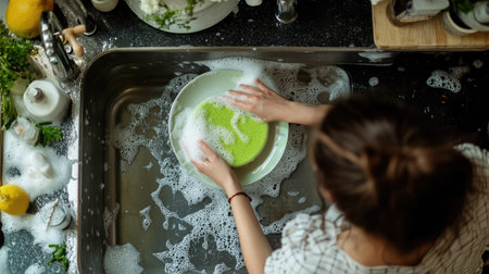 A top view of a woman scrubbing a plate with a green sponge, surrounded by soap suds and a kitchen sink full of waterの素材