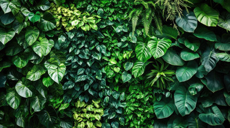 A vertical garden with vibrant green leaves as a natural backdrop in an urban setting, ideal for modern interiorsの素材