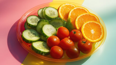 A vibrant plastic plate filled with fresh vegetables and fruit, including cherry tomatoes, cucumbers, and orange slicesの素材