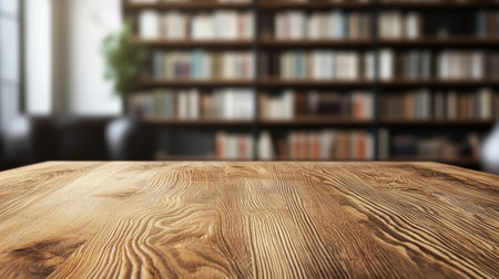 A textured wooden tabletop with natural patterns, with a sleek and modern library softly blurred in the background.の素材