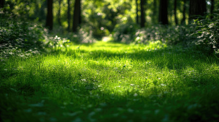 A thick carpet of green grass covering the ground in a lush forest clearing, offering a perfect outdoor backdropの素材