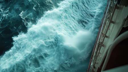 A view from the stern of a cruise ship, looking down at the powerful waves created by its movement.の素材