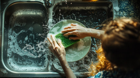 A top-down shot of a woman scrubbing a dirty plate with a green sponge, with water splashing and a kitchen sink in the backgroundの素材