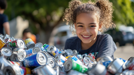 A young volunteer picking up and sorting discarded aluminum cans at an environmental cleanup event.の素材