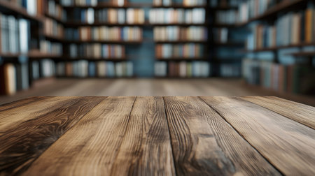 A textured wooden tabletop with natural patterns, with a sleek and modern library softly blurred in the background.の素材