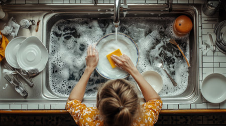 A top view of a woman cleaning a plate with a sponge in a sink full of soapy water, surrounded by dishes and cutleryの素材