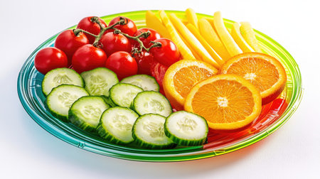A vibrant plastic plate filled with fresh vegetables and fruit, including cherry tomatoes, cucumbers, and orange slicesの素材