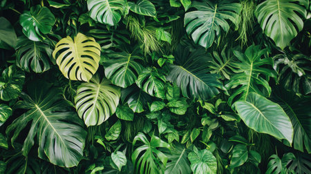 A tropical green leaf wall in a resort or spa, creating a relaxing and lush environment for guests to enjoyの素材