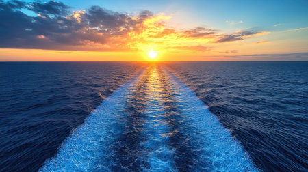 A vast, foamy wake stretching behind a cruise ship as it sails through the deep blue ocean under a golden sunset.の素材
