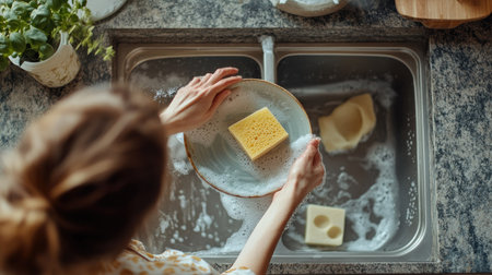 A woman washing a dirty plate with a sponge, seen from above, with a kitchen counter and dish soap in the backgroundの素材