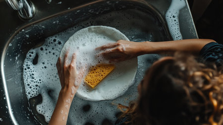 A top view of a woman washing a dirty plate with a sponge in a sink, surrounded by bubbles and soapy waterの素材