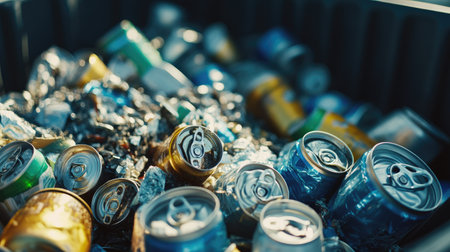 Crushed tin and aluminum cans in a recycling bin, symbolizing sustainability and waste reduction.の素材