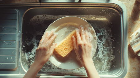 A woman's hands using a sponge to wash a dirty plate in a sink full of water, captured from above in a bright kitchen environmentの素材