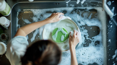 A top view of a woman scrubbing a plate with a green sponge, surrounded by soap suds and a kitchen sink full of waterの素材