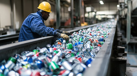 A worker at a recycling plant sorting through aluminum cans on a conveyor belt.の素材