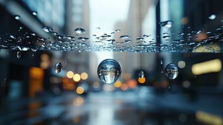 Close-up of water drops on a glass surface, with the blurred outlines of buildings and streetlights visible through the glassの素材
