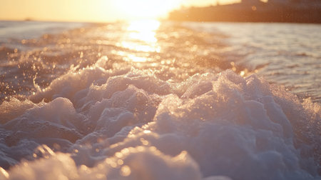 The foamy trail of a cruise ship's wake, captured from the deck as the sun sets in the background.の素材