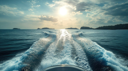 The powerful wake of a speedboat on a tropical sea, with distant islands on the horizon and the sun shining overhead.の素材
