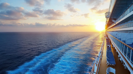 The foamy trail of a cruise ship's wake, captured from the deck as the sun sets in the background.の素材
