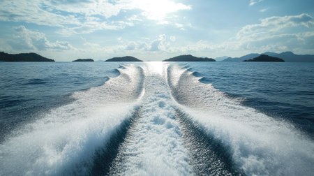 The powerful wake of a speedboat on a tropical sea, with distant islands on the horizon and the sun shining overhead.の素材