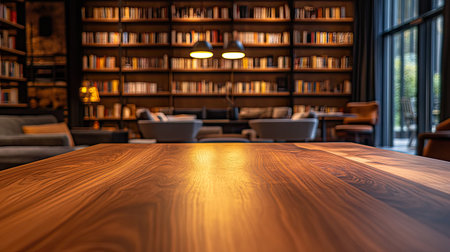 A wooden tabletop with a blurred library setting, filled with contemporary bookshelves, warm lighting, and cozy seating.の素材