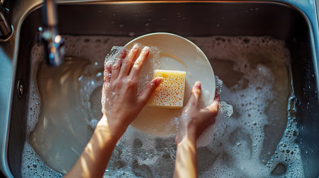 A woman's hands using a sponge to wash a dirty plate in a sink full of water, captured from above in a bright kitchen environmentの素材
