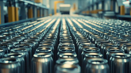 Endless rows of metal cans moving toward an automated sorting system in a large-scale factory.の素材